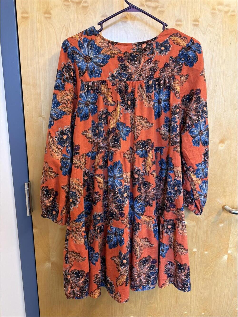 Old Navy Orange floral swing dress Lace Tie Neck Sz L Petite Pockets Boho Flowy - Picture 8 of 10